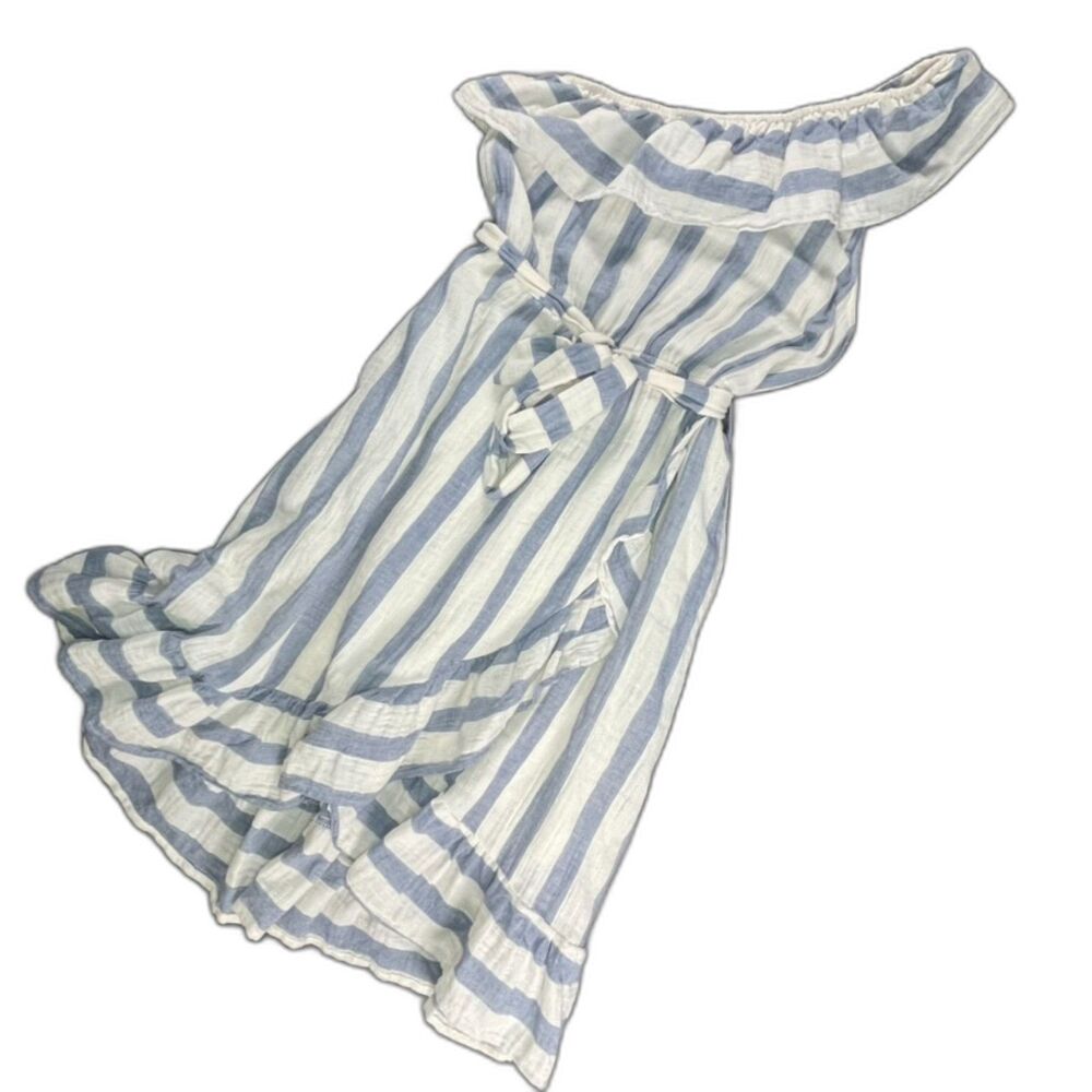 Listicle Blue & White Coastal Striped One Shoulder Ruffle Midi Dress Resort - Sm